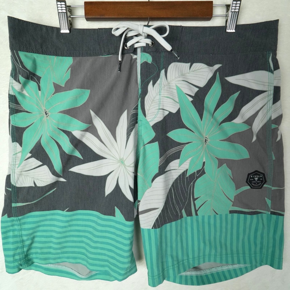Vissla Mens Board Shorts Size 36 Teal Grey Tropical Floral Upcycled Stretch Swim